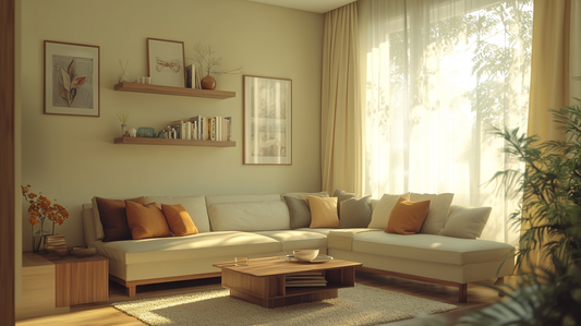 cozy and modern small living room designed for a compact home, featuring multi-functional furniture, light walls, and smart storage solutions to maximize limited space.