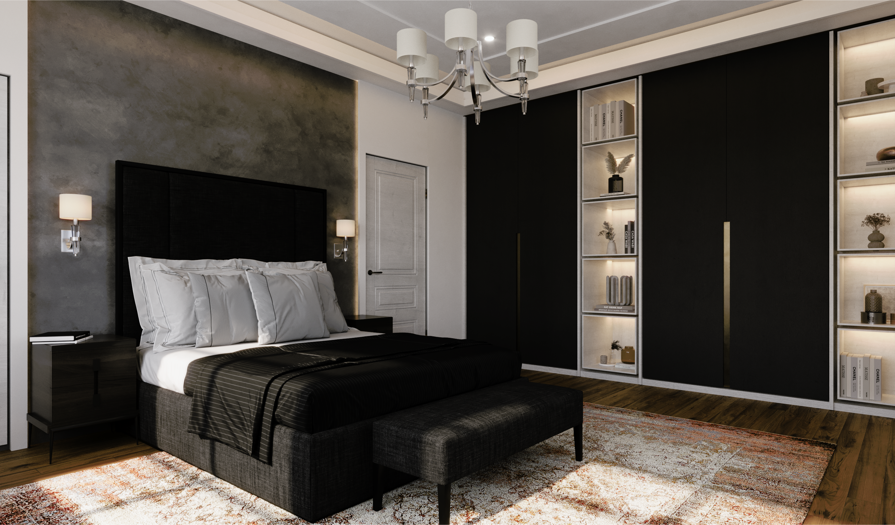 Modern black bedroom interior design with neo-classical elements, featuring sleek furniture and illuminated shelving.