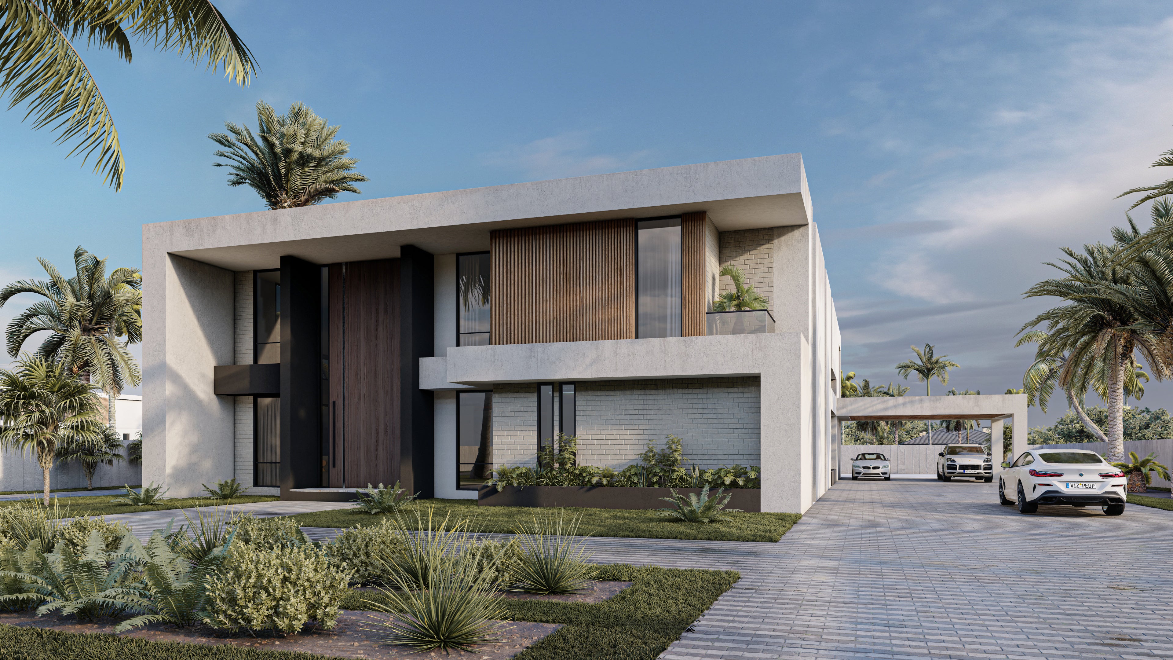 Modern minimalist house exterior rendering with clean lines, contemporary design, and elegant landscaping.