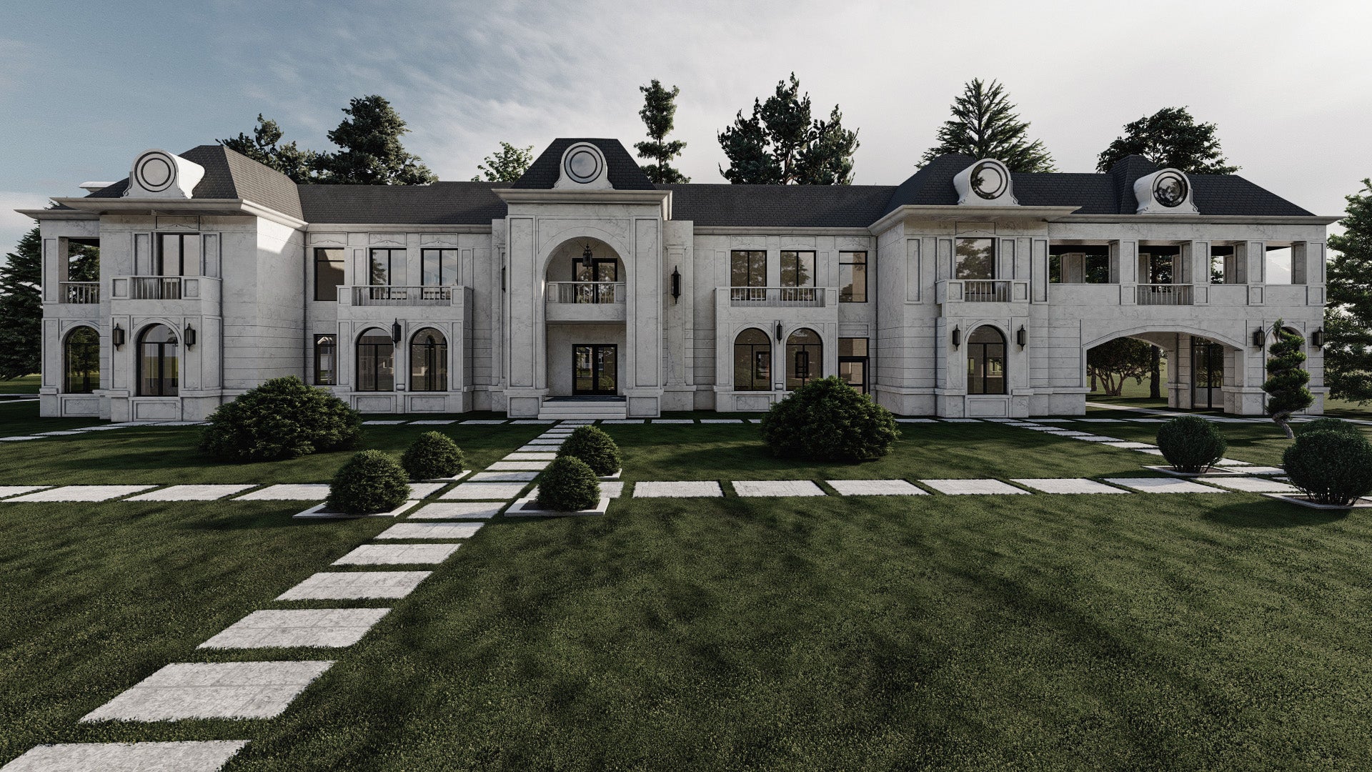 Luxurious classical mansion exterior rendering showcasing high-end architectural design and landscaping.