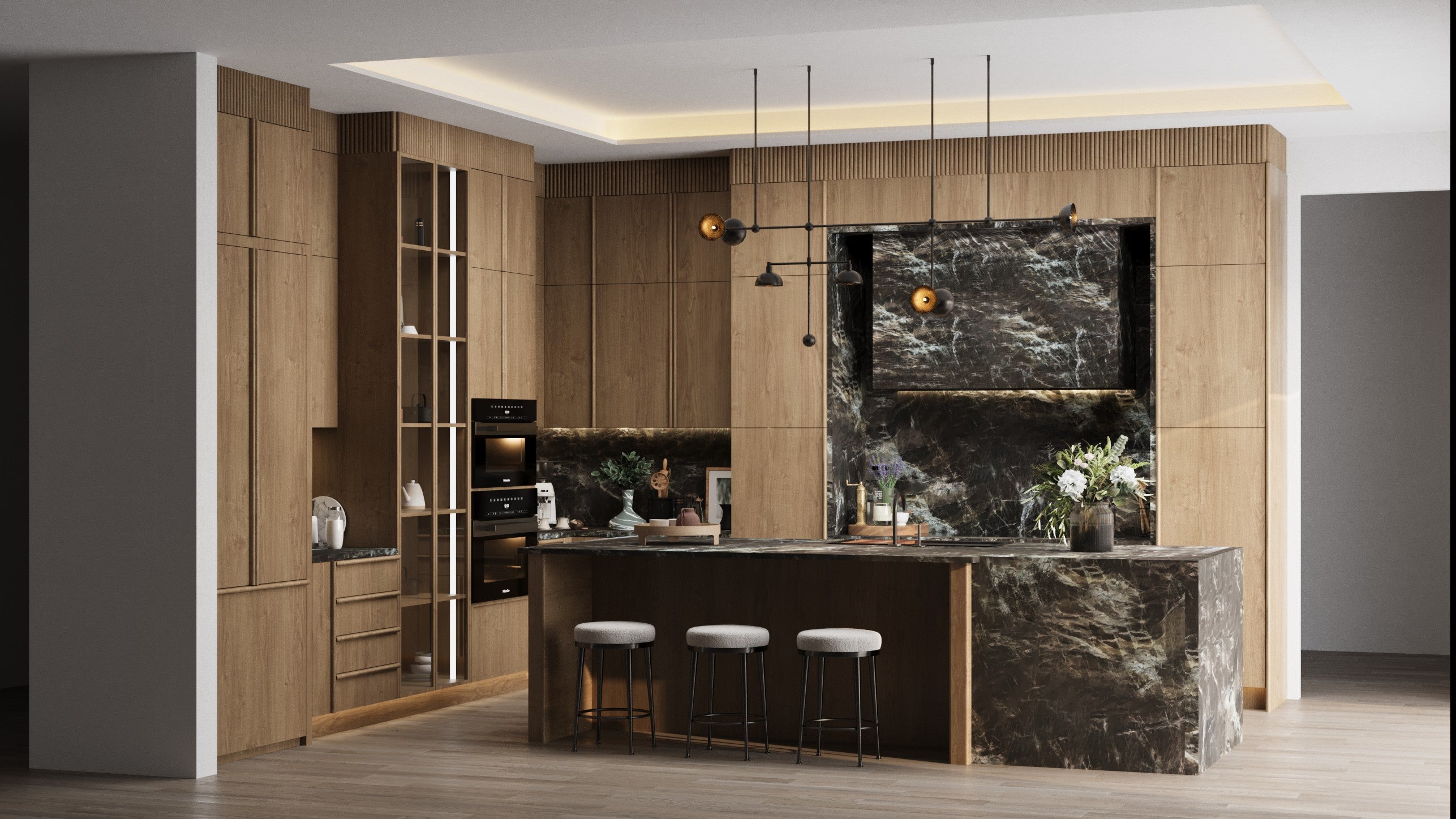 Modern minimalist kitchen interior rendering with sleek cabinetry, natural wood finishes, and elegant stone accents.