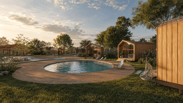 ["Modern tiny house exterior design rendering", "tiny house exterior design rendering", "mobile home exterior design rendering", "Pool area exterior design rendering", "Pool area rendering with clean architectural outdoor design", "Swimming pool area exterior design rendering"]