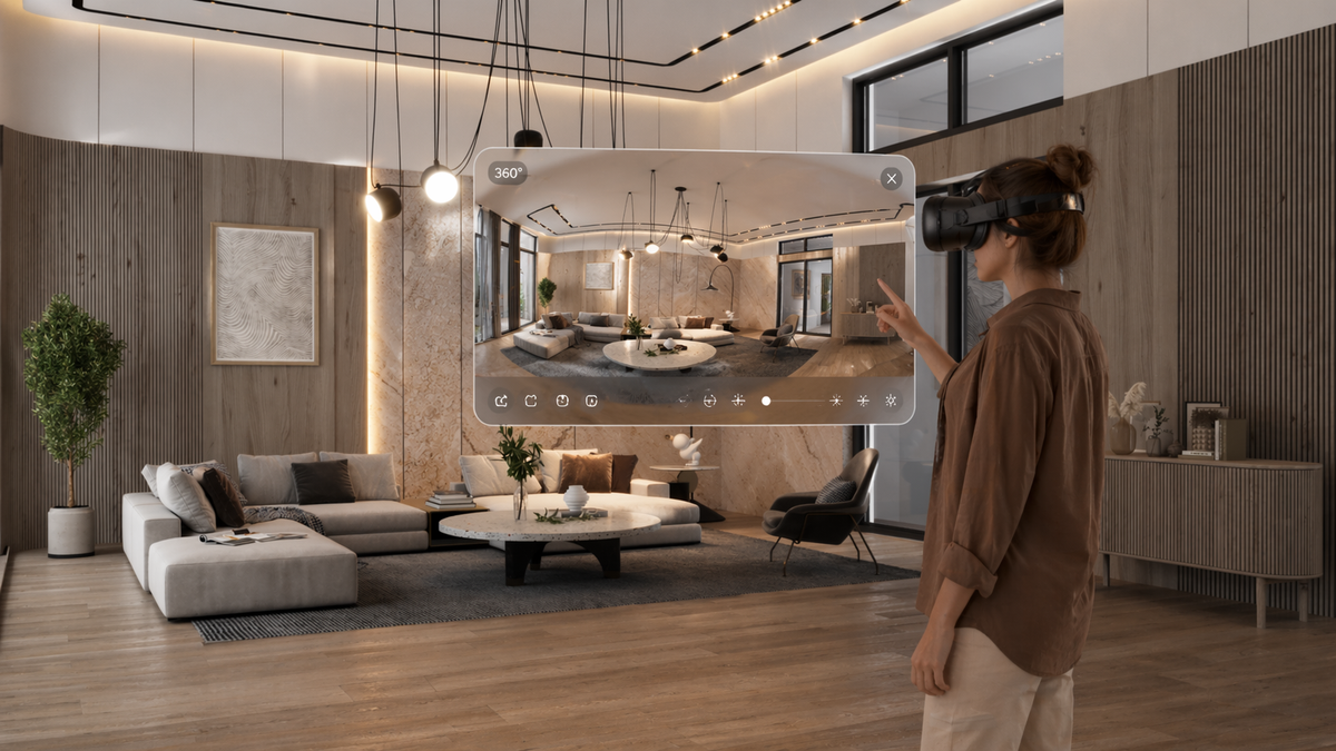 VR interior visualization, 360 virtual tour design, immersive living room rendering