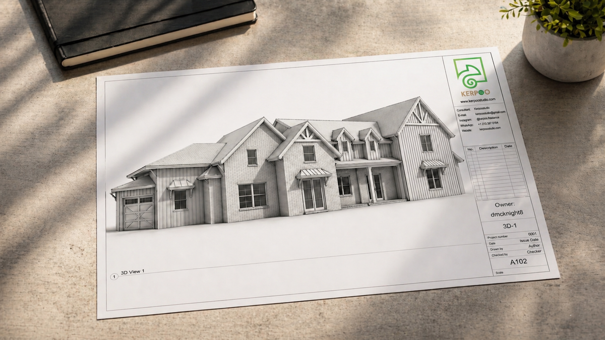 Modern farmhouse 3D drawing, residential exterior design, multi-gable house visualization