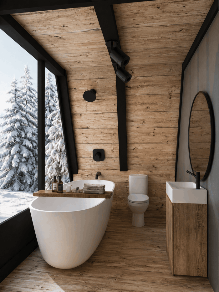 ["Rustic master bathroom rendering with natural textures", "Rustic master bathroom interior design rendering", "Farmhouse master bathroom rendering with cozy rustic details", "Farmhouse master bathroom interior design rendering", "woody bathroom interior design"]