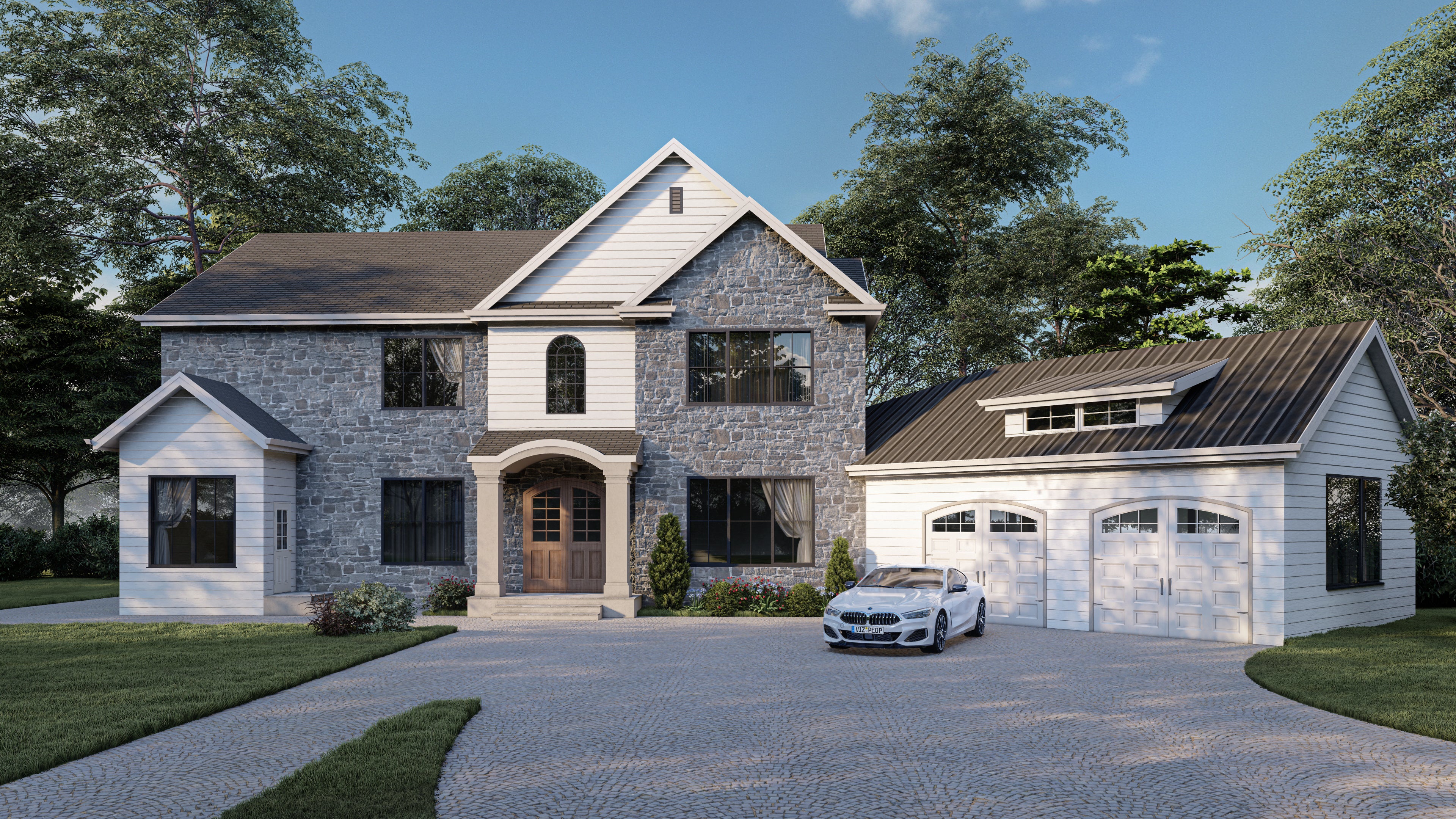 American farmhouse-style exterior with stone facade, gable roof, and detached garage, showcasing classic architectural design.