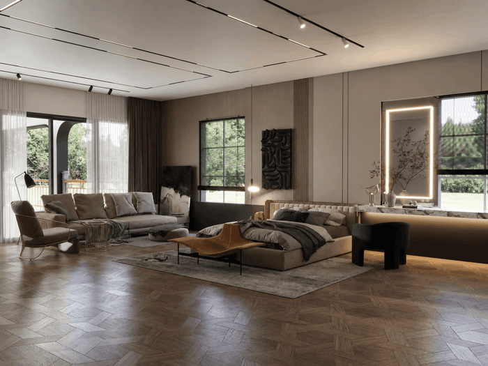 ["Mansion master bedroom rendering with luxury interior design", "Bungalow master bedroom interior design rendering", "Townhouse master bedroom interior design rendering", "Minimal master bedroom rendering with clean simple layout", "Luxury master bedroom rendering with elegant premium finishes", "Modern master bedroom interior design rendering", "Modern master bedroom rendering with sleek furniture"]