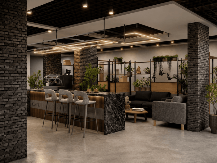 ["Commercial interior rendering with modern design", "Commercial interior design rendering with modern furniture and finishes", "Coffee shop interior design rendering", "Coffee shop interior rendering with clean inviting atmosphere"]