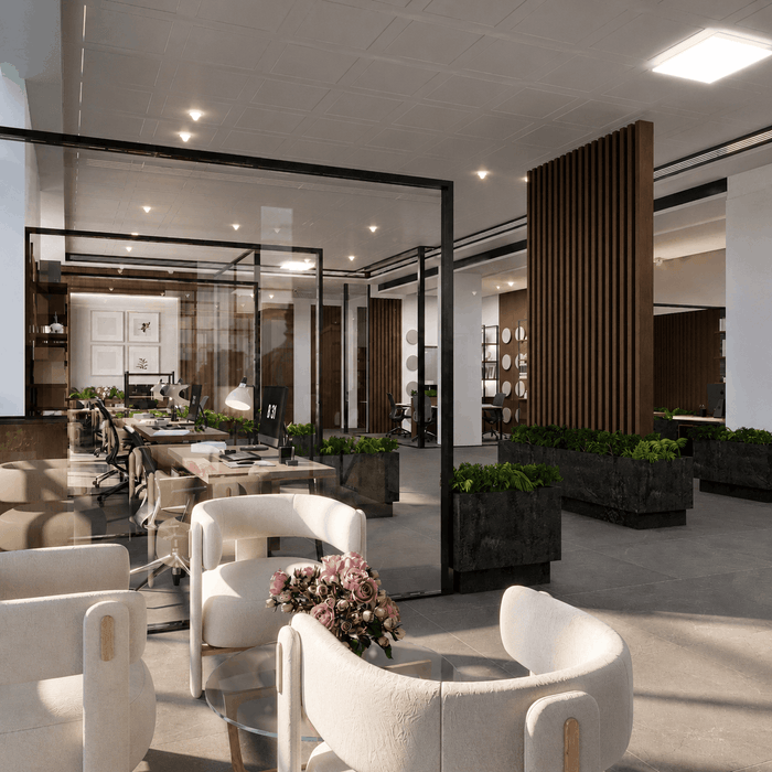 ["Office interior design rendering", "Office workspace interior design rendering", "Modern office interior rendering", "Office rendering with modern furniture and workspace layout", "Office interior rendering with functional modern layout"]