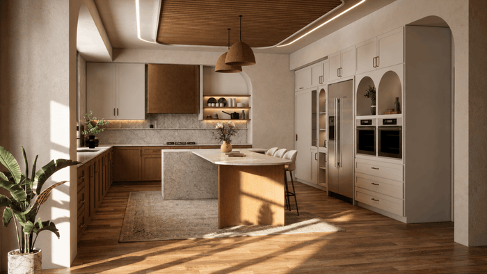 ["Apartment kitchen interior design rendering", "Townhouse kitchen interior design rendering", "Farmhouse kitchen rendering with wooden cabinets", "Mediterranean kitchen interior design rendering", "Modern kitchen rendering with sleek cabinets"]
