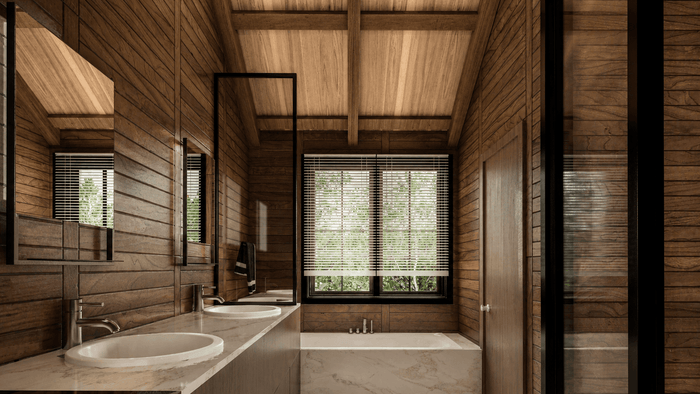 ["Rustic master bathroom interior design rendering", "Rustic master bathroom rendering with natural textures", "Bungalow master bathroom rendering with cozy interior design", "Farmhouse master bathroom rendering with rustic cozy style", "Cabin master bathroom interior design rendering", "Cottage master bathroom rendering with cozy rustic design"]