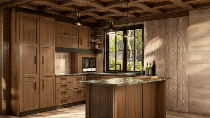["Rustic kitchen rendering with natural wood details", "Rustic kitchen interior design rendering", "Farmhouse kitchen interior design rendering", "Farmhouse kitchen rendering with rustic details", "Cottage kitchen rendering with cozy rustic style", "Cabin kitchen interior design rendering"]