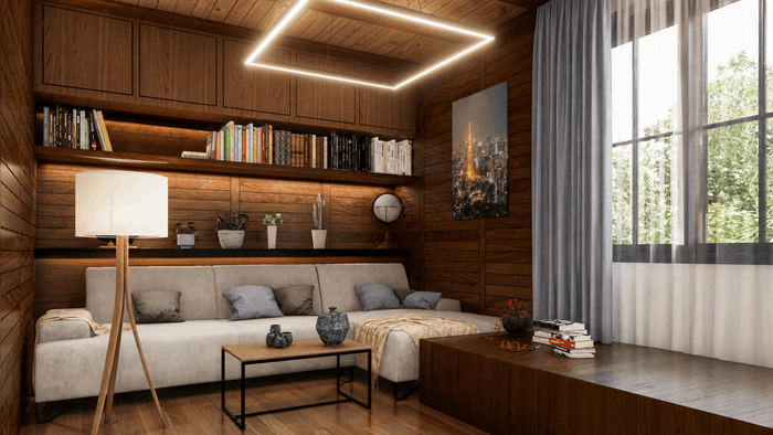 ["tiny house interior design", "Rustic living room interior design rendering", "Cabin living room interior design rendering", "Cottage living room rendering with cozy rustic style"]