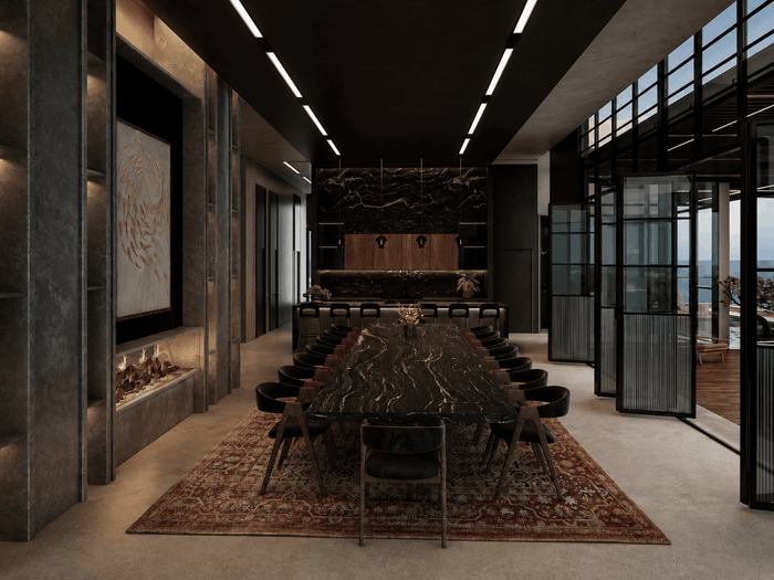 ["Minimal dining room interior design rendering", "Minimal dining room rendering with clean simple layout", "luxury Apartment dining room interior design rendering", "luxury and minimal Mansion dining room rendering with luxury interior design", "Modern dining room rendering with sleek furniture"]