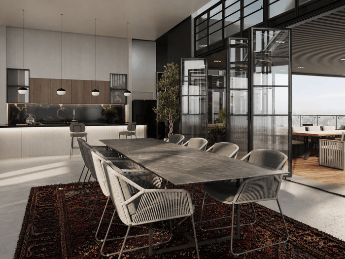 ["Minimal dining room interior design rendering", "Minimal dining room rendering with clean simple layout", "luxury Apartment dining room interior design rendering", "luxury and minimal Mansion dining room rendering with luxury interior design", "Modern dining room rendering with sleek furniture"]