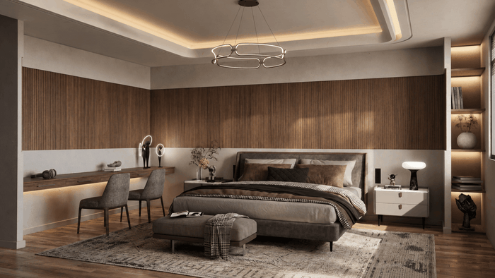 ["Duplex master bedroom rendering with open modern layout", "Mansion master bedroom rendering with luxury interior design", "Minimal master bedroom interior design rendering", "Luxury master bedroom interior design rendering", "Modern master bedroom interior design rendering"]