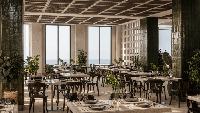 ["Restaurant interior design rendering", "Restaurant and coffee shop interior rendering", "Restaurant interior rendering with stylish seating layout", "Modern restaurant interior rendering", "Restaurant and coffee shop rendering with modern furniture and finishes", "Restaurant interior rendering with functional dining layout"]