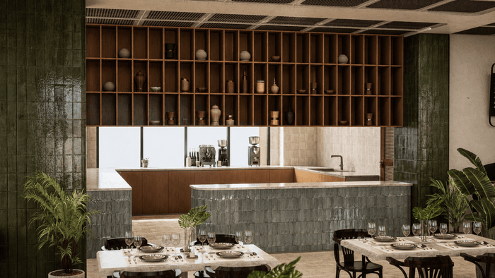 ["Coffee shop interior rendering with clean inviting atmosphere", "Coffee shop interior design rendering", "Restaurant and coffee shop interior rendering", "Commercial interior rendering with stylish workspace design"]