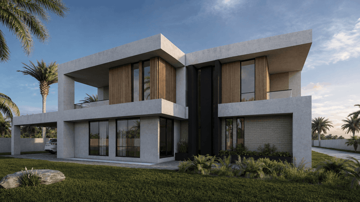 ["Minimal townhouse exterior design rendering", "Minimal duplex exterior design rendering", "Minimal mansion exterior design rendering", "Minimal villa exterior design rendering", "Modern villa exterior design rendering"]