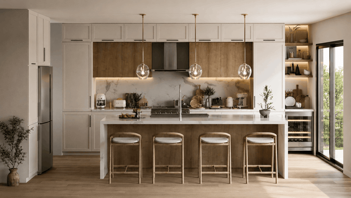 ["Farmhouse kitchen interior design rendering", "Villa kitchen interior design rendering", "Mediterranean kitchen interior design rendering", "Modern kitchen rendering with sleek cabinets", "Duplex kitchen rendering with open-plan layout", "Apartment kitchen interior design rendering"]