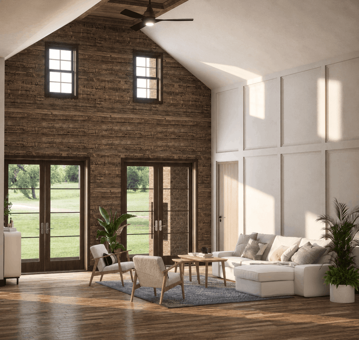 ["Farmhouse living room interior design rendering", "Farmhouse living room rendering with rustic cozy details", "Rustic living room interior design rendering", "Rustic living room rendering with natural wood details"]