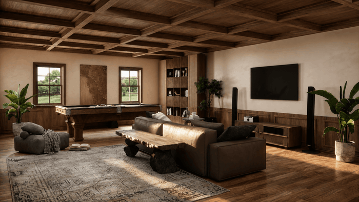 ["Farmhouse living room interior design rendering", "Rustic living room rendering with natural wood details", "Rustic living room interior design rendering", "Bungalow living room interior design rendering", "Bungalow living room rendering with cozy interior layout"]