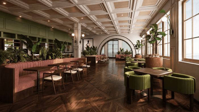 ["Coffee shop interior design rendering", "Restaurant interior design rendering", "Modern restaurant interior rendering", "Modern coffee shop interior rendering", "Restaurant interior rendering with stylish seating layout"]