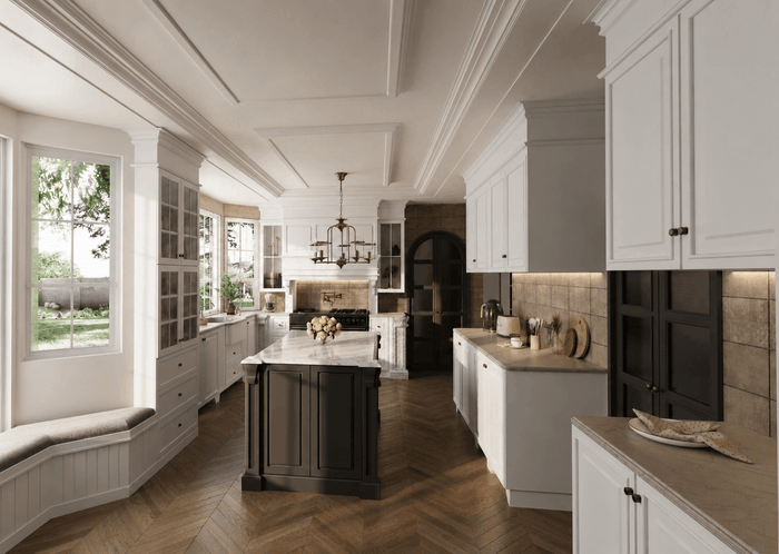 ["Townhouse kitchen interior design rendering", "Bungalow kitchen rendering with cozy layout", "Mansion kitchen rendering with luxury finishes", "Farmhouse kitchen rendering with rustic details", "Farmhouse kitchen interior design rendering", "Mediterranean kitchen rendering with warm tones"]
