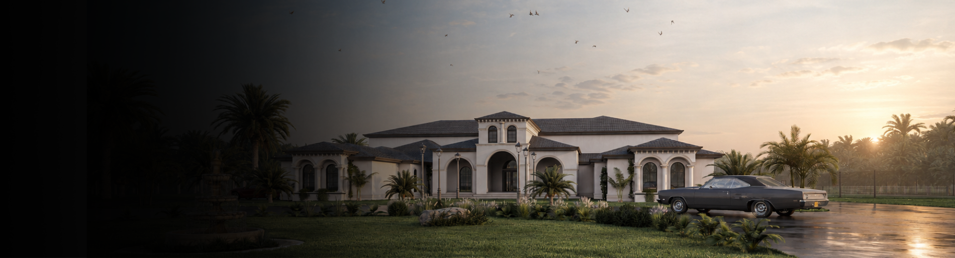 Exterior rendering service, Mediterranean villa exterior, stucco exterior design, arched facade design, twilight exterior rendering