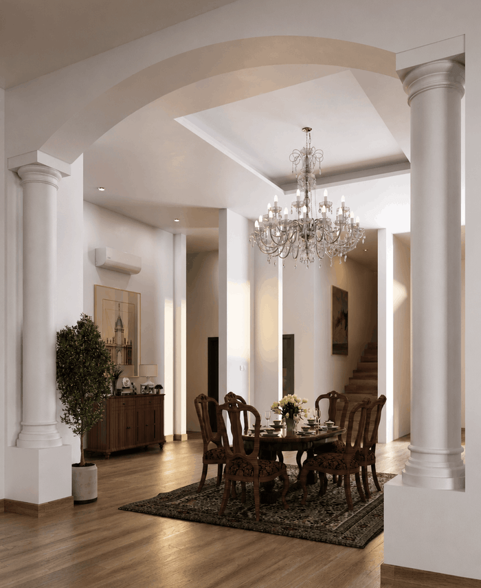 ["Townhouse dining room interior design rendering", "Duplex dining room rendering with open modern layout", "Villa dining room interior design rendering", "Mansion dining room rendering with luxury interior design", "Luxury dining room interior design rendering", "Luxury dining room rendering with elegant premium finishes", "Mediterranean dining room interior design rendering"]