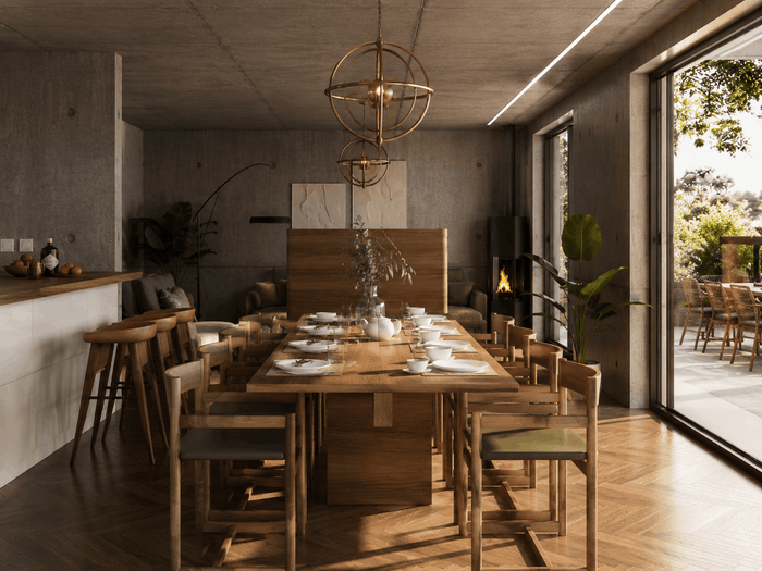 ["Modern dining room interior design rendering", "Luxury dining room interior design rendering", "Minimal dining room rendering with clean simple layout", "Bungalow dining room rendering with cozy interior layout", "Minimal dining room interior design rendering"]