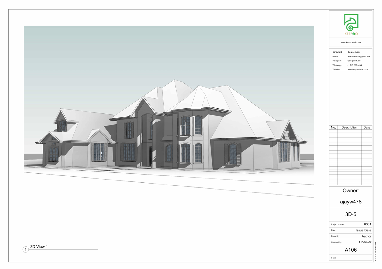 3D modeling service, luxury mansion front exterior, multi-gable roof design, classical facade design, architectural perspective