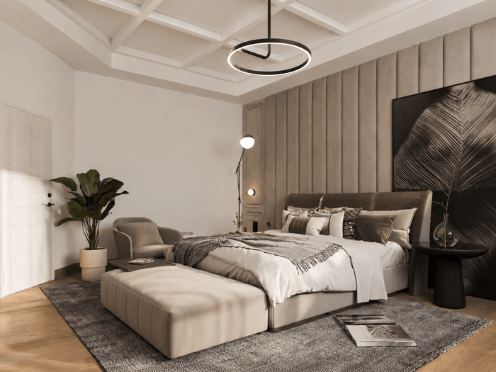 ["Modern master bedroom interior design rendering", "Minimal master bedroom rendering with clean simple layout", "Luxury master bedroom interior design rendering", "Apartment master bedroom interior design rendering", "Townhouse master bedroom interior design rendering", "Duplex master bedroom rendering with open modern layout"]