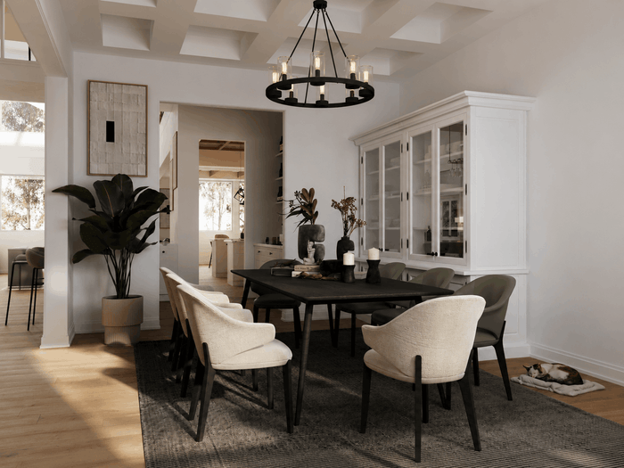 ["Modern dining room interior design rendering", "Mediterranean dining room rendering with warm tones", "Luxury dining room interior design rendering", "Townhouse dining room interior design rendering", "Duplex dining room rendering with open modern layout", "Bungalow dining room interior design rendering", "Mansion dining room rendering with luxury interior design"]
