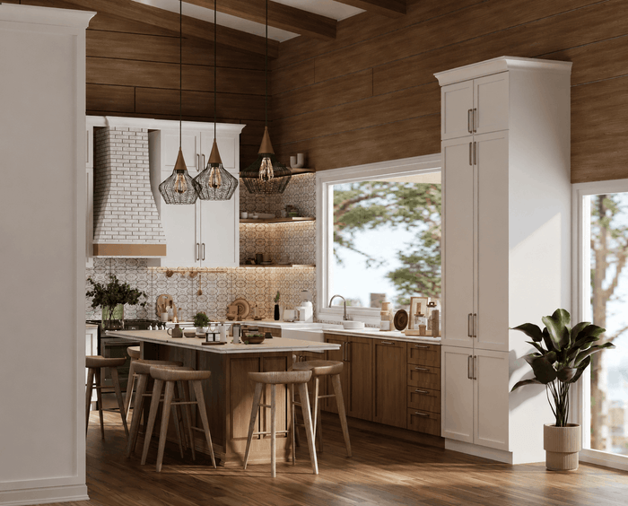 ["Villa kitchen interior design rendering", "Farmhouse kitchen rendering with rustic details", "Rustic kitchen rendering with natural wood details", "Farmhouse kitchen rendering with wooden cabinets", "Cottage kitchen rendering with cozy rustic style"]
