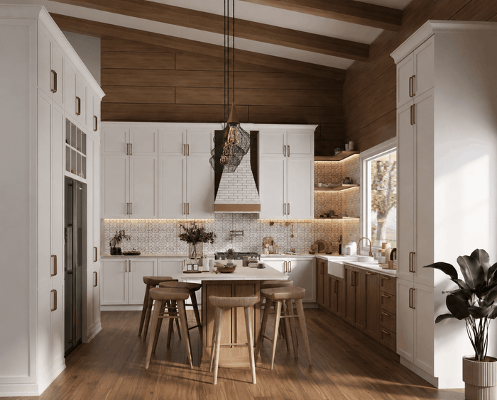 ["Villa kitchen interior design rendering", "Farmhouse kitchen rendering with rustic details", "Rustic kitchen rendering with natural wood details", "Farmhouse kitchen rendering with wooden cabinets", "Cottage kitchen rendering with cozy rustic style"]