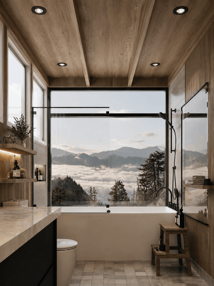 ["Farmhouse master bathroom interior design rendering", "Luxury master bathroom interior design rendering", "Mansion master bathroom rendering with luxury interior design", "Rustic master bathroom interior design rendering", "Rustic master bathroom rendering with natural textures", "Modern master bathroom interior design rendering", "Modern master bathroom rendering with sleek finishes"]