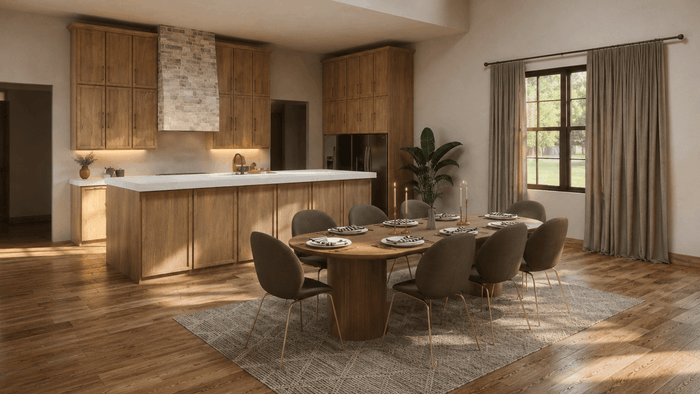 ["Farmhouse dining room rendering with cozy wooden details", "Rustic dining room rendering with natural wood details", "Bungalow dining room rendering with cozy interior layout", "Bungalow dining room interior design rendering", "Farmhouse dining room interior design rendering", "Cottage dining room rendering with cozy rustic style"]