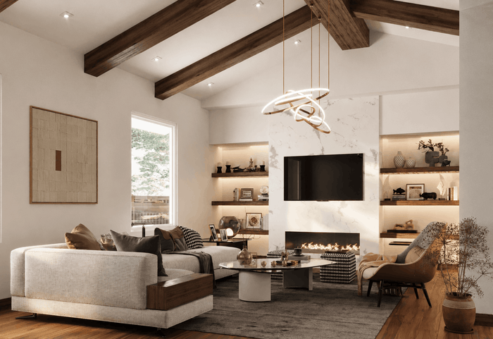 ["Villa living room interior design rendering", "Mansion living room rendering with luxury interior design", "Farmhouse living room interior design rendering", "Cabin living room interior design rendering"]