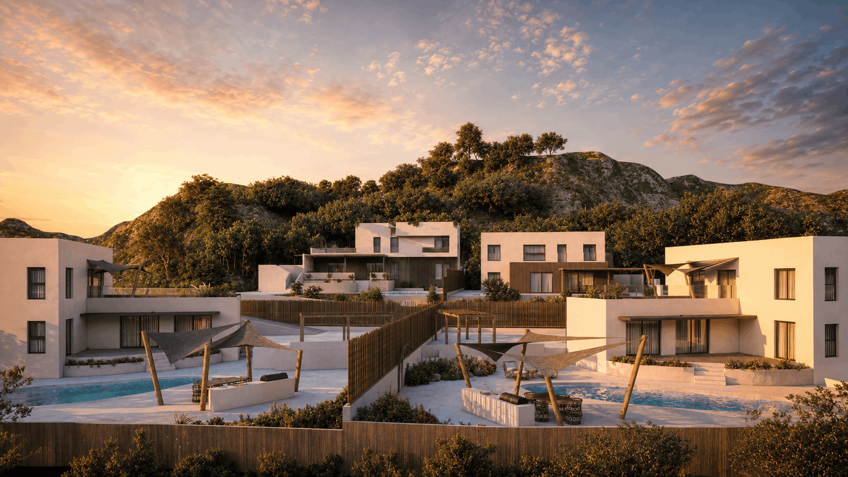 Exterior rendering service, tropical villa complex design, luxury resort-style houses, sunset landscape rendering, pool area exterior