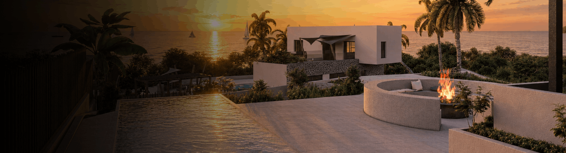 Exterior rendering service, pool area design, ocean view exterior, tropical villa design, sunset landscape rendering