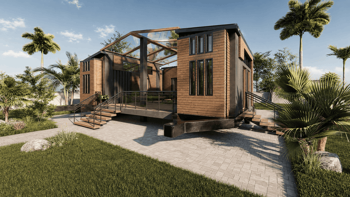 ["Tiny house exterior design rendering", "Tiny house exterior rendering with modern compact design", "Mobile home exterior rendering with compact functional layout", "Tiny home exterior rendering with modern facade design", "Mobile home exterior rendering with compact functional layout"]