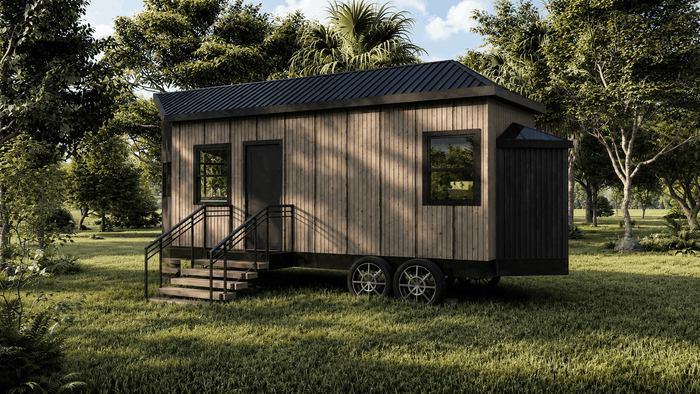 ["Tiny home exterior rendering with clean architectural layout", "Modern tiny house exterior design rendering", "Tiny home exterior rendering with modern facade design", "Mobile home exterior rendering with simple practical design", "Mobile home exterior design rendering"]