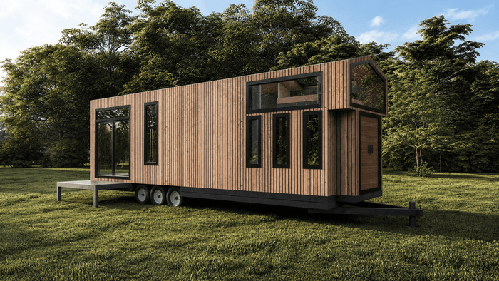 ["Mobile home exterior rendering with bright contemporary style", "Tiny house exterior design rendering", "Tiny home exterior rendering with clean architectural layout", "Mobile home exterior design rendering", "Tiny house and mobile home exterior rendering"]