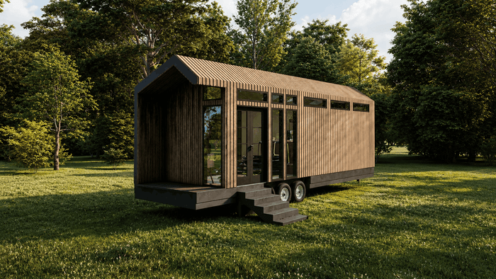 ["Tiny home exterior rendering with modern facade design", "Mobile home exterior rendering with simple practical design", "Mobile home exterior design rendering", "Tiny house exterior rendering with smart space-saving design", "Tiny home exterior rendering with clean architectural layout"]