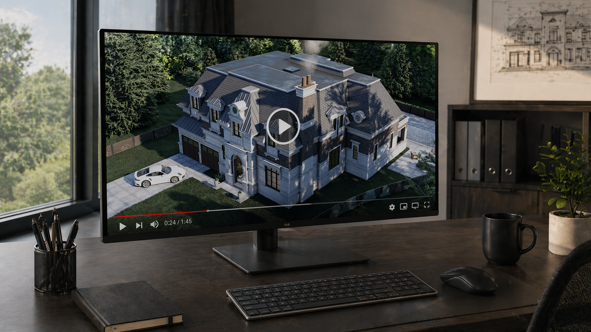 Architectural animation presentation, mansion exterior visualization, 3D walkthrough rendering