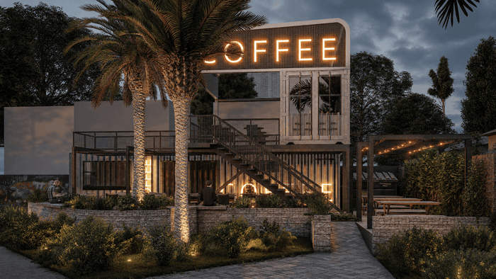 ["Coffee shop exterior design rendering", "Coffee shop exterior rendering with clean architectural facade", "Coffee shop exterior rendering with warm welcoming facade", "Coffee shop storefront exterior design rendering"]