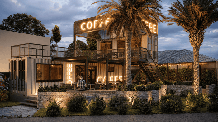 ["Coffee shop exterior design rendering", "Coffee shop exterior rendering with clean architectural facade", "Coffee shop exterior rendering with warm welcoming facade", "Coffee shop storefront exterior design rendering"]