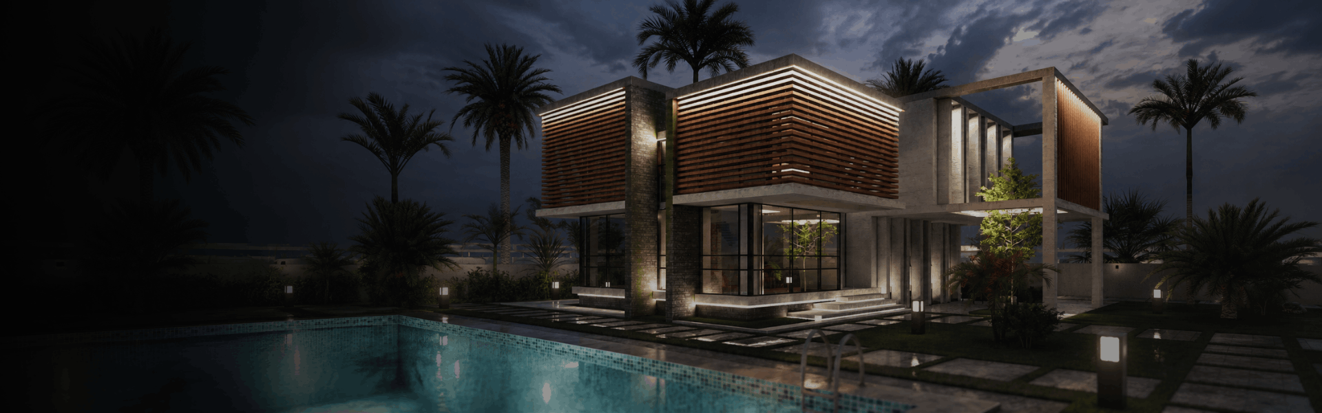 Modern architectural exterior rendering of a luxury residential villa