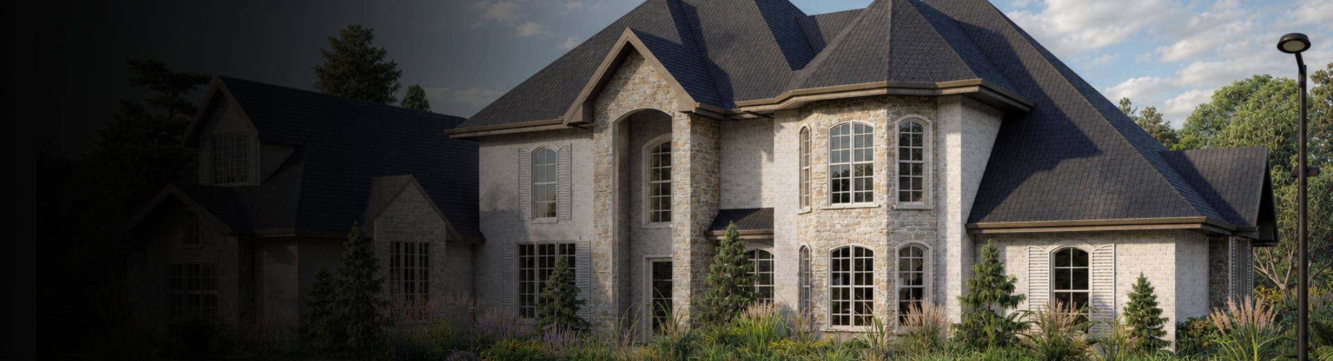 Exterior rendering service, luxury mansion exterior, stone facade design, black roof design, classical house exterior